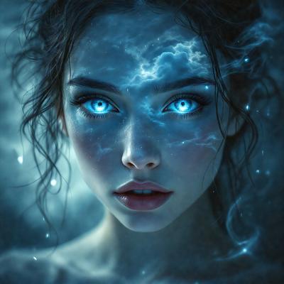 The primary subject of the image is a woman with blue eyes and a blue-green background. The visual style appears to be a digital art or illustration, as the woman's eyes are described as having a blue glow. The colors and mood of the image are predominantly blue, creating a serene and dreamy atmosphere.